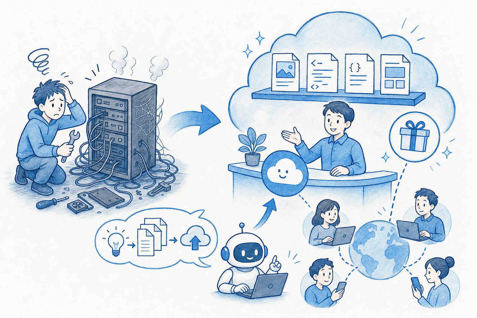 手書き風イラスト。左では人がサーバー機械やケーブル管理に困っており、右では公開用ファイルが雲の棚に置かれ、複数の端末から見られる。AIアシスタントが手順を助けている。